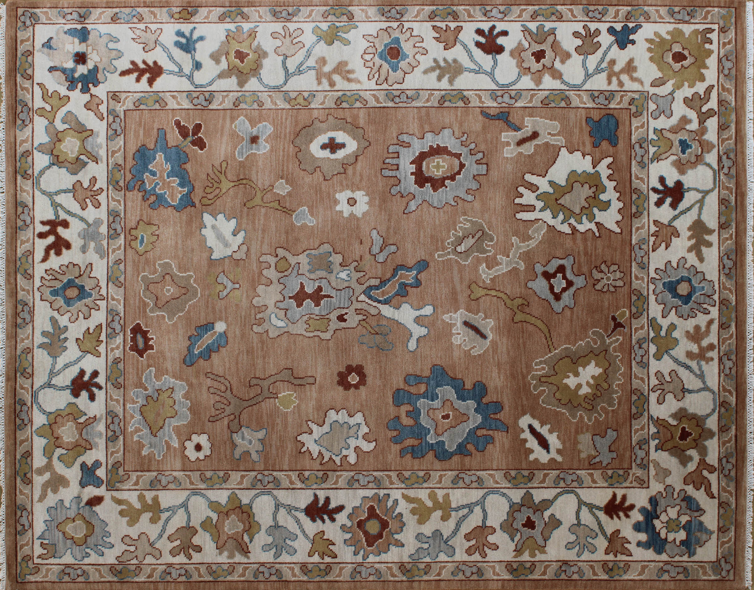 Oushak Rose and Ivory Patterned Wool Rug 8ft x 10ft - Handknotted Carpet Manufacturer Mirzapur